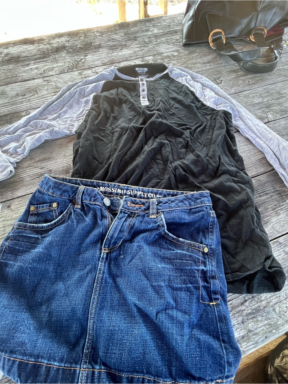 Mossimo Supply Co. Black Raglan Henley with Denim Skirt 1/shirt L